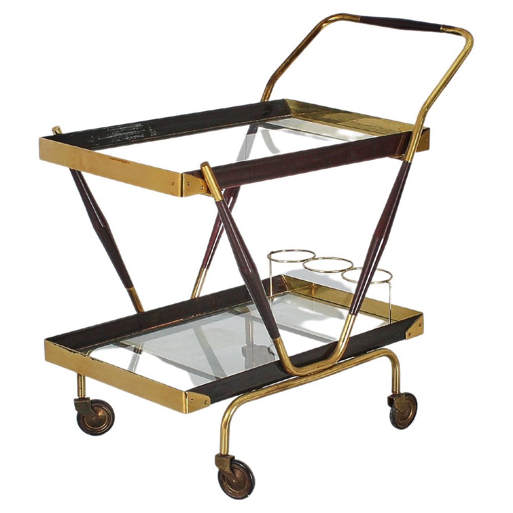 Mid-Century Brass, Glass and Dark Wood Bar Cart by Cesare Lacca, Italy, 1960s