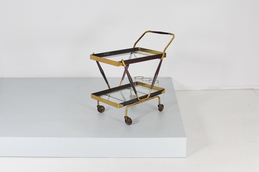 Mid-Century Brass, Glass and Dark Wood Bar Cart by Cesare Lacca, Italy, 1960s