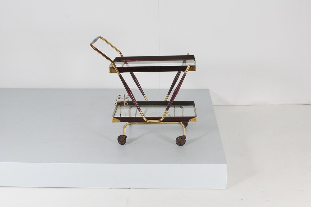 Mid-Century Brass, Glass and Dark Wood Bar Cart by Cesare Lacca, Italy, 1960s