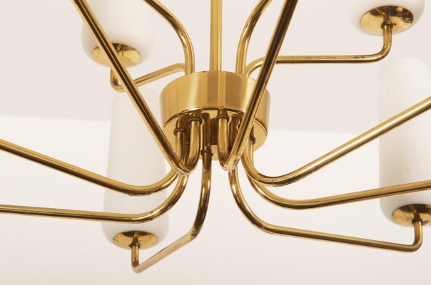 Mid-Century Brass & Opaline Glass Chandelier by Rupert Nikoll, 1950s-AX-1704799