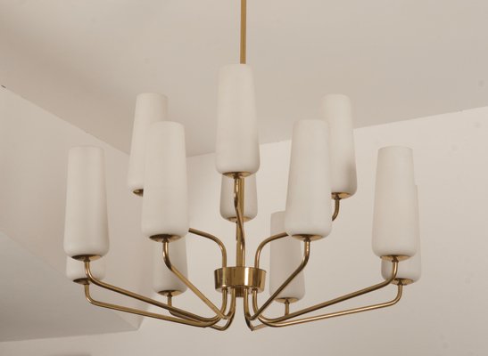 Mid-Century Brass & Opaline Glass Chandelier by Rupert Nikoll, 1950s-AX-1704799