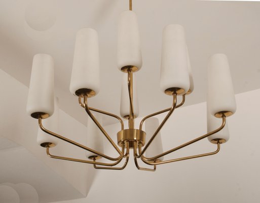 Mid-Century Brass & Opaline Glass Chandelier by Rupert Nikoll, 1950s-AX-1704799