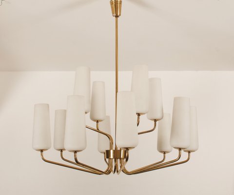 Mid-Century Brass & Opaline Glass Chandelier by Rupert Nikoll, 1950s-AX-1704799