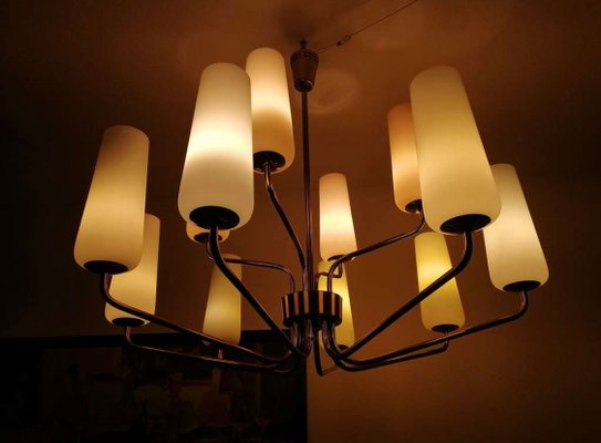 Mid-Century Brass & Opaline Glass Chandelier by Rupert Nikoll, 1950s-AX-1704799