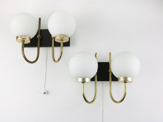 Mid-Century Brass & Opaline Sconces, Set of 2-HGJ-1170427