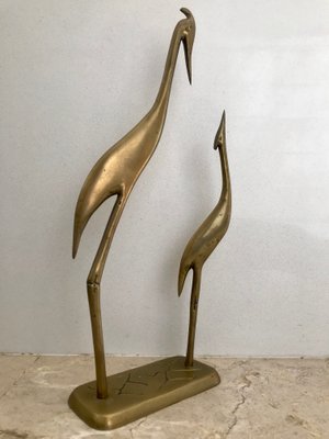 Mid-Century Brass Pair of Herons Sculpture on Pedestal, 1960s-NOU-635646