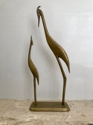 Mid-Century Brass Pair of Herons Sculpture on Pedestal, 1960s-NOU-635646