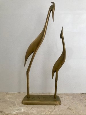 Mid-Century Brass Pair of Herons Sculpture on Pedestal, 1960s-NOU-635646