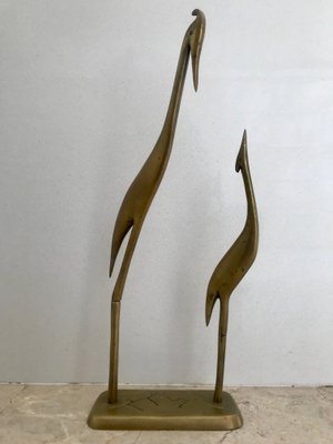 Mid-Century Brass Pair of Herons Sculpture on Pedestal, 1960s-NOU-635646