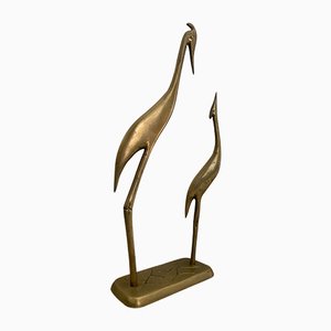 Mid-Century Brass Pair of Herons Sculpture on Pedestal, 1960s-NOU-635646