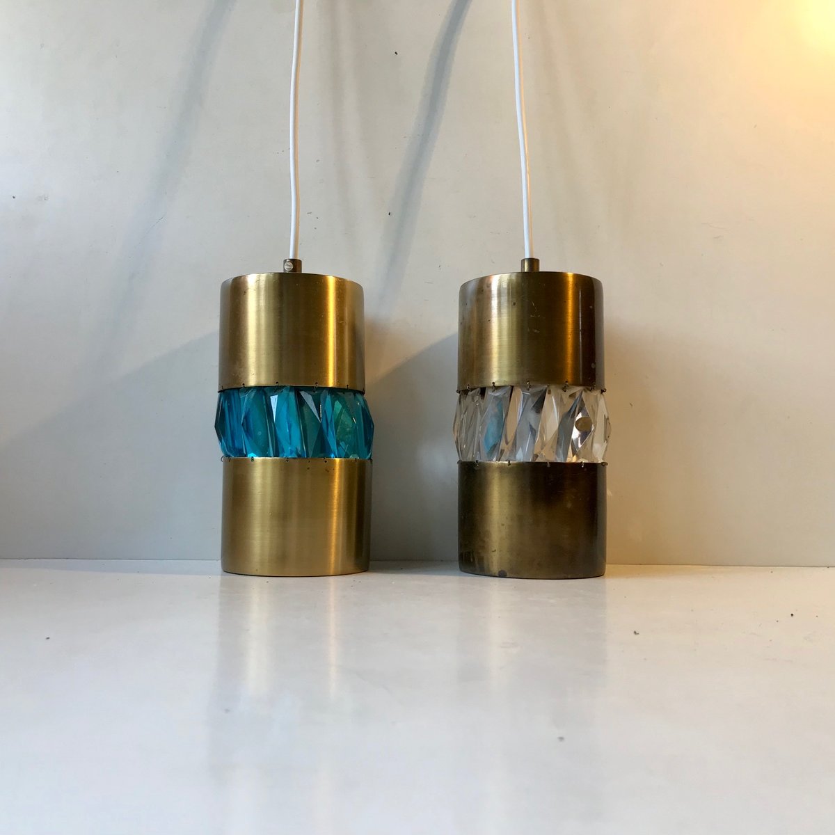 Mid-Century Brass Pendant Lamps with Bohemian Crystal Prisms, 1960s, Set of 2