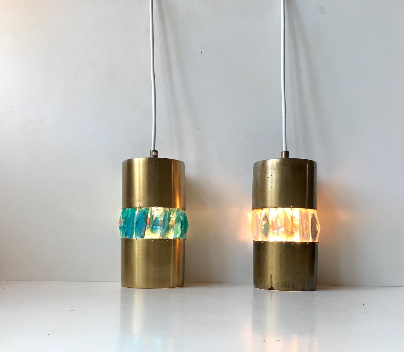 Mid-Century Brass Pendant Lamps with Bohemian Crystal Prisms, 1960s, Set of 2