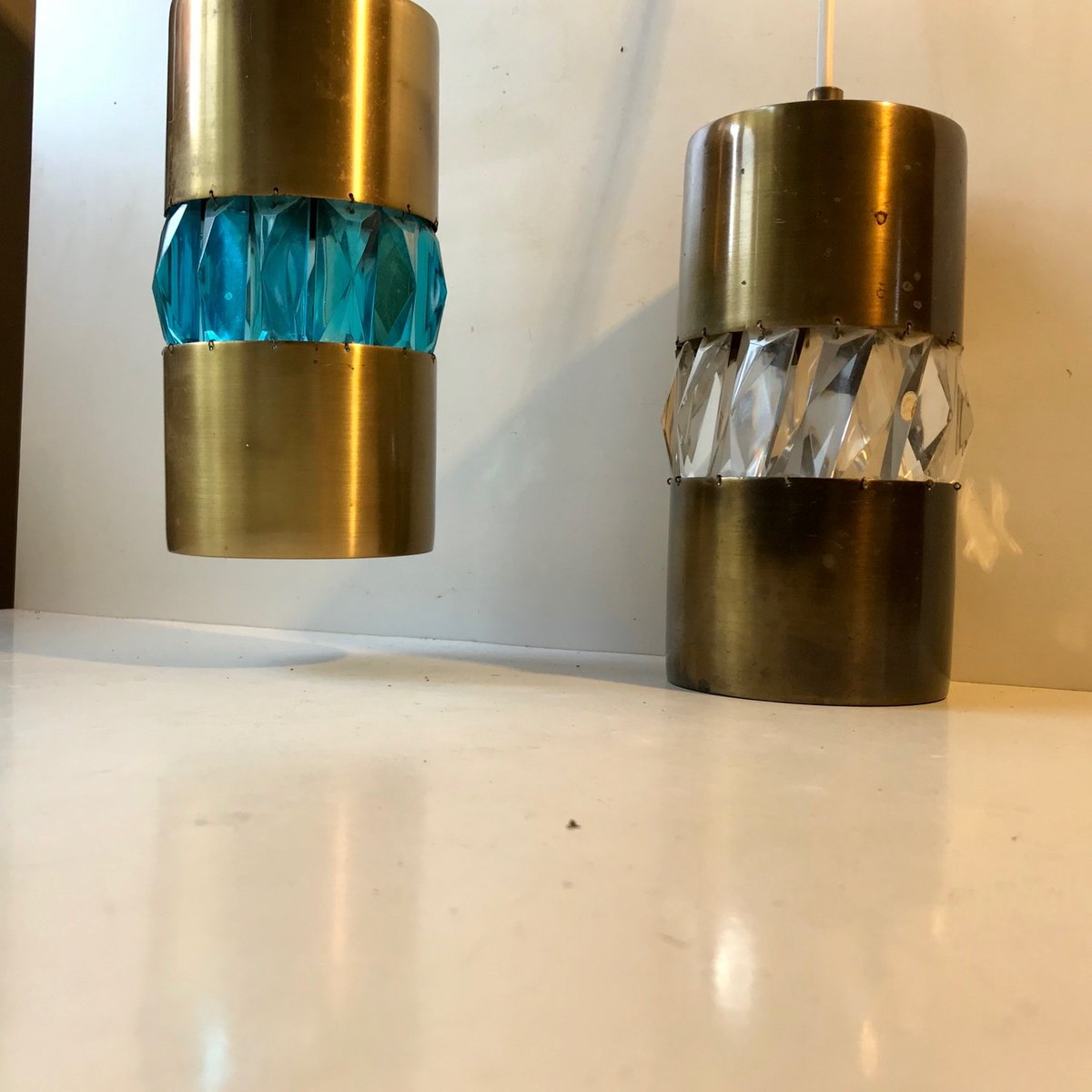 Mid-Century Brass Pendant Lamps with Bohemian Crystal Prisms, 1960s, Set of 2