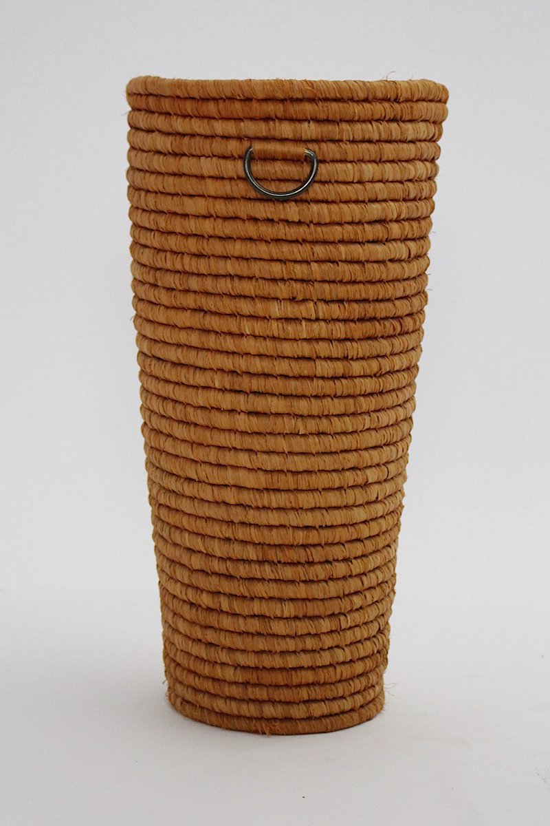 Mid-Century Brass Raffia Basket, Vienna, 1950s