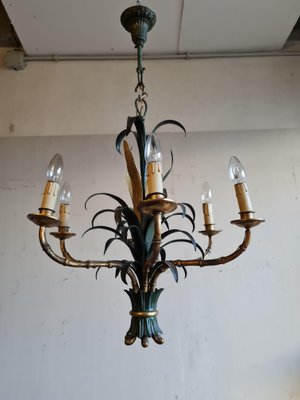 Mid-Century Bronze, Lacquered Iron & Faux Bamboo Chandelier-VYP-864596