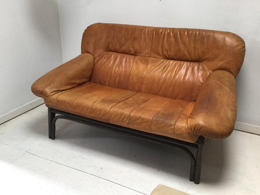 Mid-Century Brown Leather and Bamboo Frame Sofa, 1970s-SU-691546