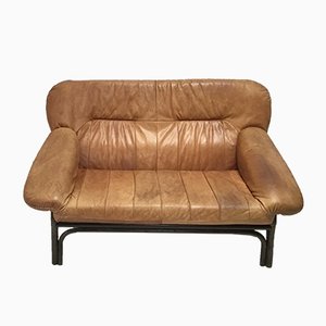 Mid-Century Brown Leather and Bamboo Frame Sofa, 1970s-SU-691546