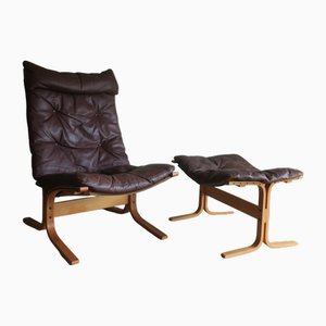 Mid-Century Brown Leather Siesta Chair and Ottoman by Ingmar Relling, Set of 2-ED-2020223