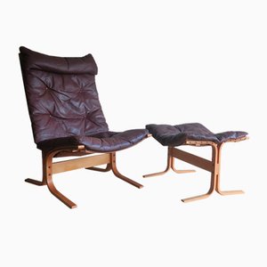 Mid-Century Brown Leather Siesta Chair and Ottoman by Ingmar Relling, Set of 2-ED-1789708