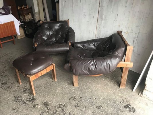 Mid-Century Brown Tufted Leather Armchairs & Ottoman in the Style of Percival Lafer, 1960s, Set of 3-OXJ-890697