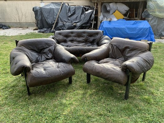 Mid-Century Brown Tufted Leather Armchairs & Ottoman in the style of Percival Lafer, 1960s, Set of 3-OXJ-1722421