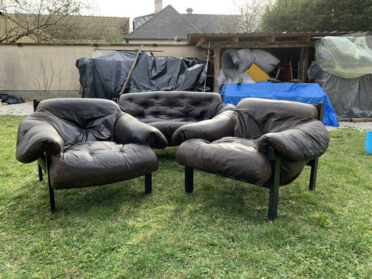 Mid-Century Brown Tufted Leather Armchairs & Ottoman in the style of Percival Lafer, 1960s, Set of 3