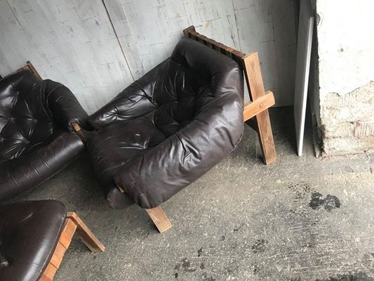 Mid-Century Brown Tufted Leather Armchairs & Ottoman in the Style of Percival Lafer, 1960s, Set of 3-OXJ-890697