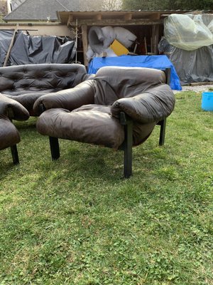 Mid-Century Brown Tufted Leather Armchairs & Ottoman in the style of Percival Lafer, 1960s, Set of 3-OXJ-1722421