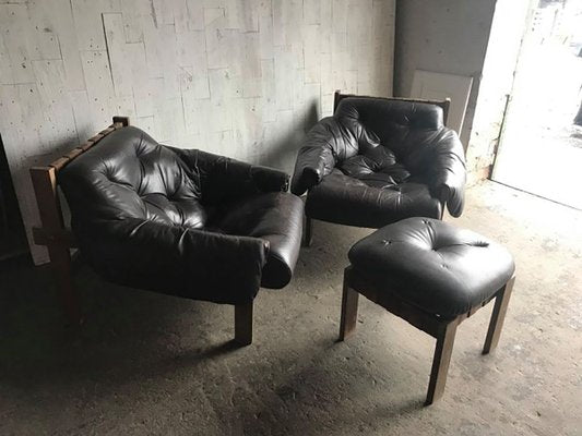 Mid-Century Brown Tufted Leather Armchairs & Ottoman in the Style of Percival Lafer, 1960s, Set of 3-OXJ-890697