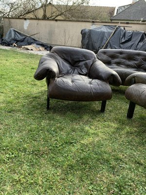 Mid-Century Brown Tufted Leather Armchairs & Ottoman in the style of Percival Lafer, 1960s, Set of 3-OXJ-1722421