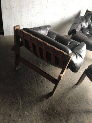 Mid-Century Brown Tufted Leather Armchairs & Ottoman in the Style of Percival Lafer, 1960s, Set of 3-OXJ-890697