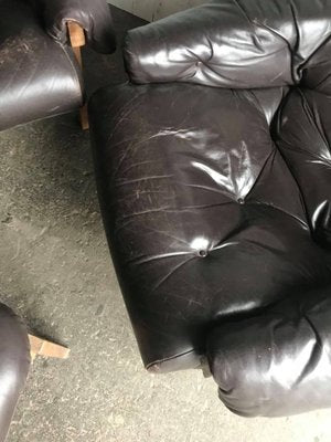 Mid-Century Brown Tufted Leather Armchairs & Ottoman in the Style of Percival Lafer, 1960s, Set of 3-OXJ-890697