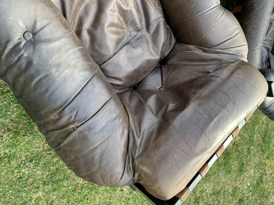 Mid-Century Brown Tufted Leather Armchairs & Ottoman in the style of Percival Lafer, 1960s, Set of 3-OXJ-1722421