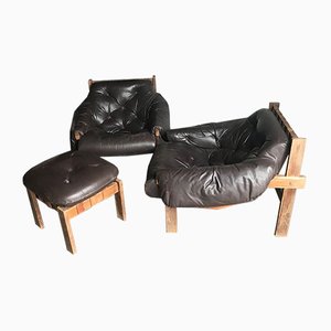 Mid-Century Brown Tufted Leather Armchairs & Ottoman in the Style of Percival Lafer, 1960s, Set of 3-OXJ-890697