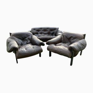 Mid-Century Brown Tufted Leather Armchairs & Ottoman in the style of Percival Lafer, 1960s, Set of 3-OXJ-1722421