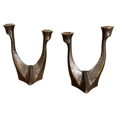 Mid-Century Brutalist Bronze Candleholders, Michael Harjes, Germany, 1960s, Set of 2-QZ-1437215