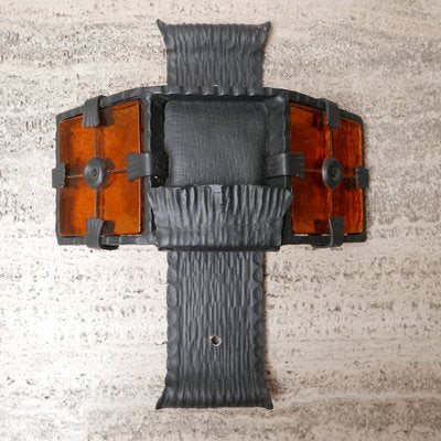 Mid-Century Brutalist Iron and Orange Glass Wall Lamp-JRP-996851