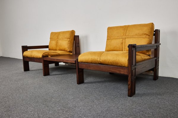 Mid-Century Brutalist Suede Lounge Chairs & Coffee Table by Carl Straub, Germany, 1970s, Set of 3-XCG-1576410