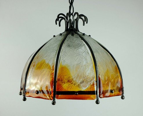 Mid-Century Brutalist Wrought Iron and Murano Glass Ceiling Lamp-FH-702756