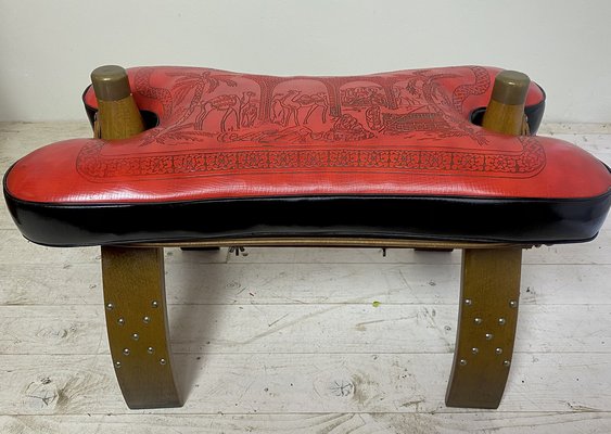 Mid-Century Camel Saddle or Footstool with Printed Red Leather-WZZ-1152666