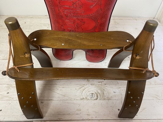 Mid-Century Camel Saddle or Footstool with Printed Red Leather-WZZ-1152666