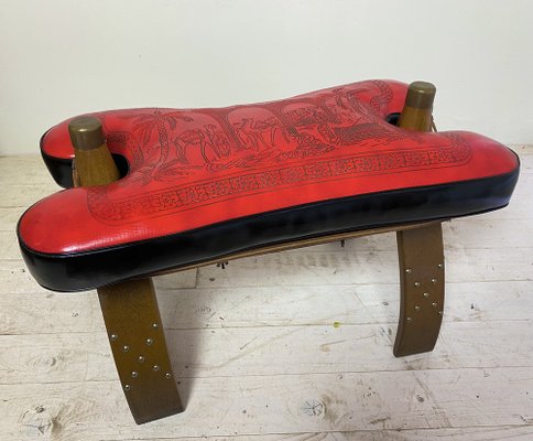 Mid-Century Camel Saddle or Footstool with Printed Red Leather-WZZ-1152666