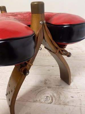 Mid-Century Camel Saddle or Footstool with Printed Red Leather-WZZ-1152666