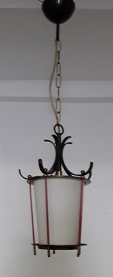 Mid-Century Ceiling Lamp with Black Painted Metal Mount, Red Trim Rods, Brass Finials & White Opaque Glass, 1950s-HOI-1270955