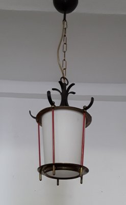 Mid-Century Ceiling Lamp with Black Painted Metal Mount, Red Trim Rods, Brass Finials & White Opaque Glass, 1950s-HOI-1270955