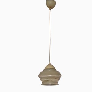 Mid-Century Ceiling Lamp with Cream Bakelite Mount and Gold & Cream Glass Shade, 1950s-HOI-1067581