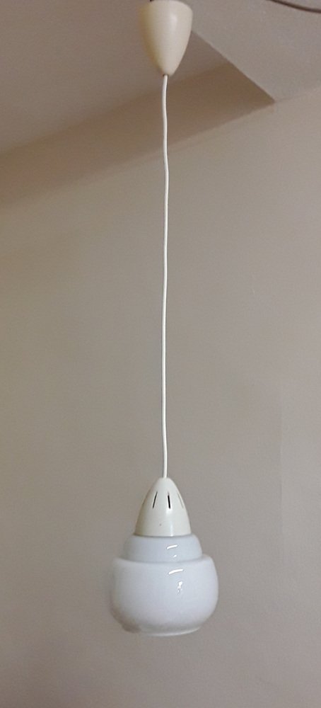 Mid-Century Ceiling Lamp with Opaque White Glass Screen on Cream-White Plastic Mounting, 1950s