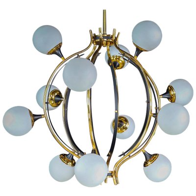 Mid-Century Chandelier in Brass and 12 Opaline Globes from Stilnovo, Italy 1950s-TRW-1797111