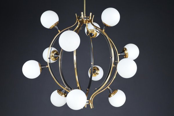 Mid-Century Chandelier in Brass and 12 Opaline Globes from Stilnovo, Italy 1950s-TRW-1797111