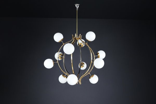 Mid-Century Chandelier in Brass and 12 Opaline Globes from Stilnovo, Italy 1950s-TRW-1797111